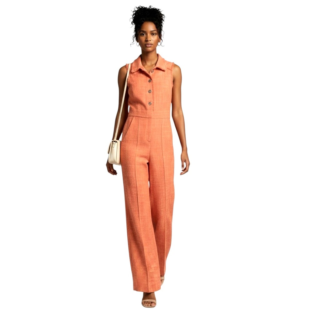 ME+EM Tweed Fray Trim Jumpsuit Wide Leg Size 0 Papaya Orange Pockets New Tags